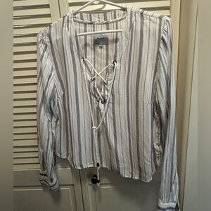 Rails Gray and White Lace-Up Blouse